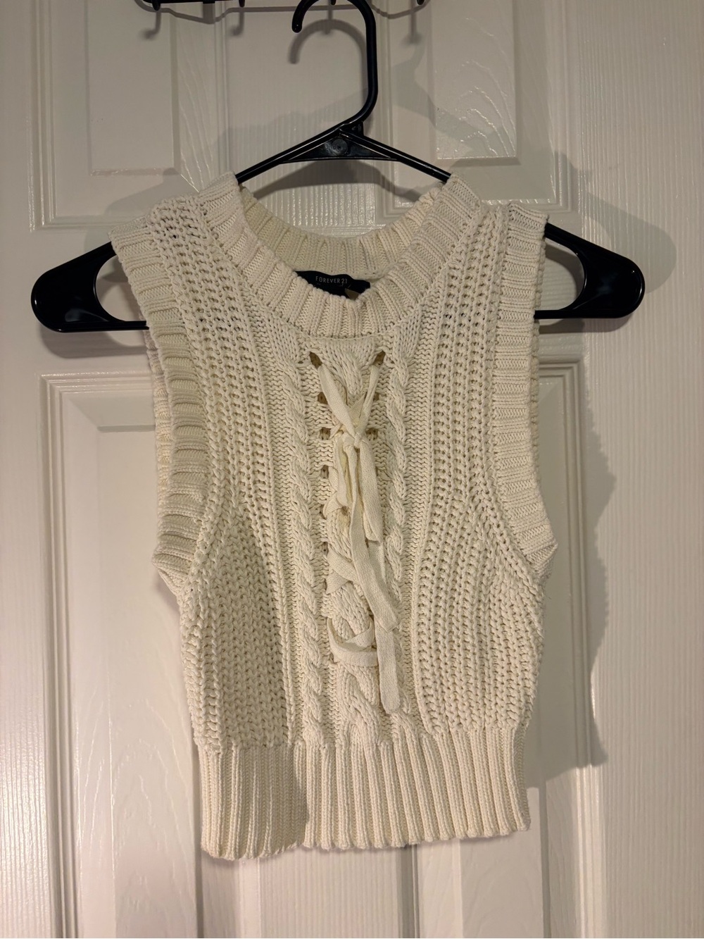 Forever 21 Cream Lace-Up Cable Knit Crop Tank